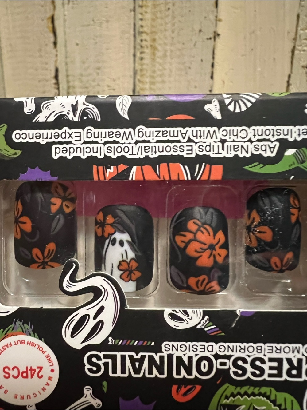 Halloween Black Press-On Nails with Orange Floral & Ghost Accent